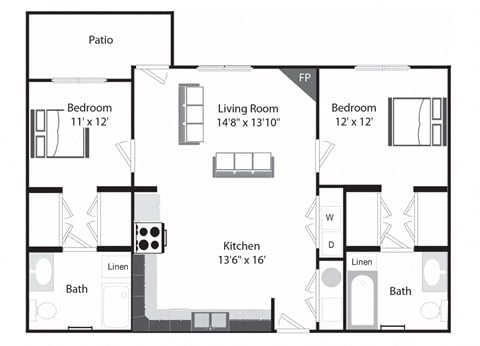 Floor plan for 2 beds, 2 baths, 1194 sqft